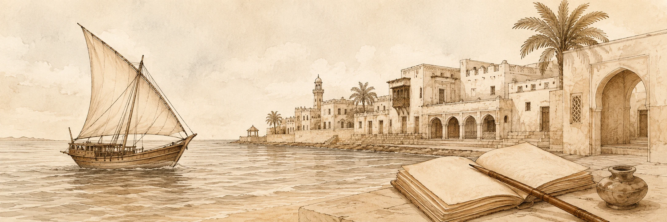 Illustrated dhow, coastal architecture and manuscript