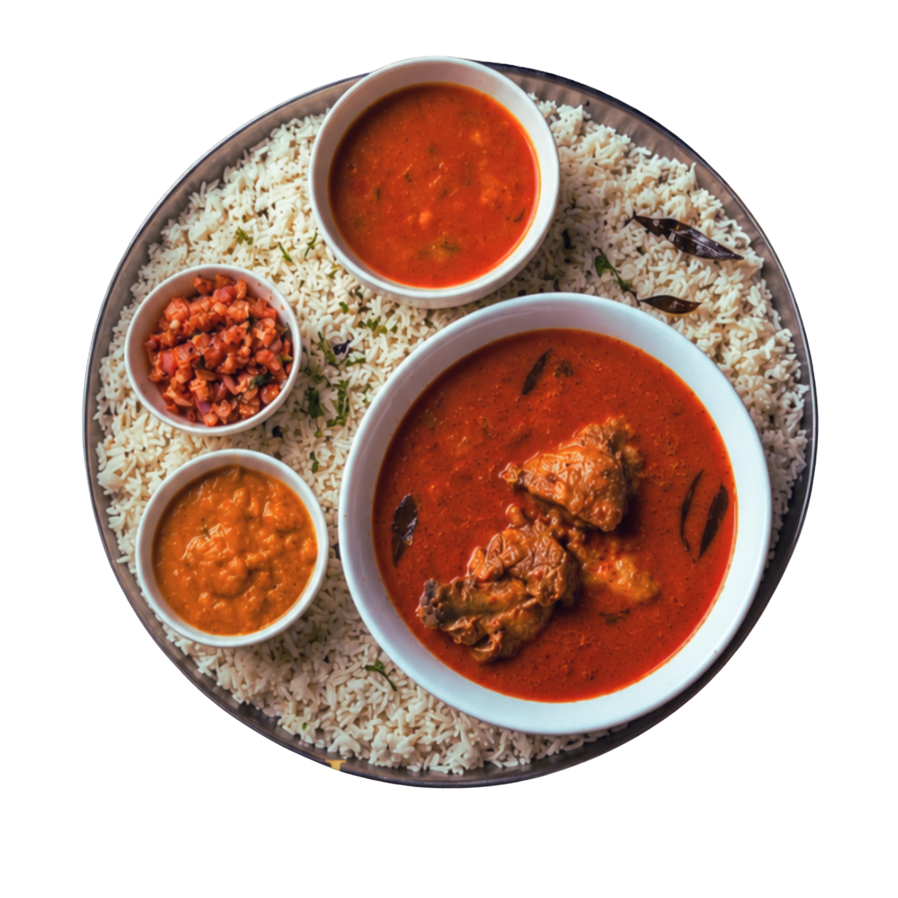 Kalari Kari Virundhu sharing platter with rice, curries and accompaniments